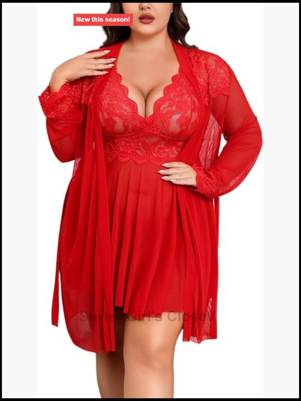 Plus Size Lace Chemise Lingerie Set with Robe Side Slit Nightgown